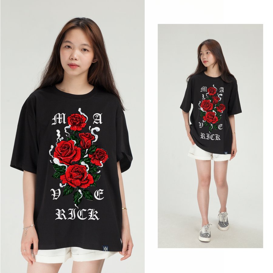 Áo thun Rock Nam Nữ hoa hồng đỏ Phối Chữ Maverick Áo Phông Đẹp Vải Cotton Tiêu Chuẩn Xuất Khẩu KK2075