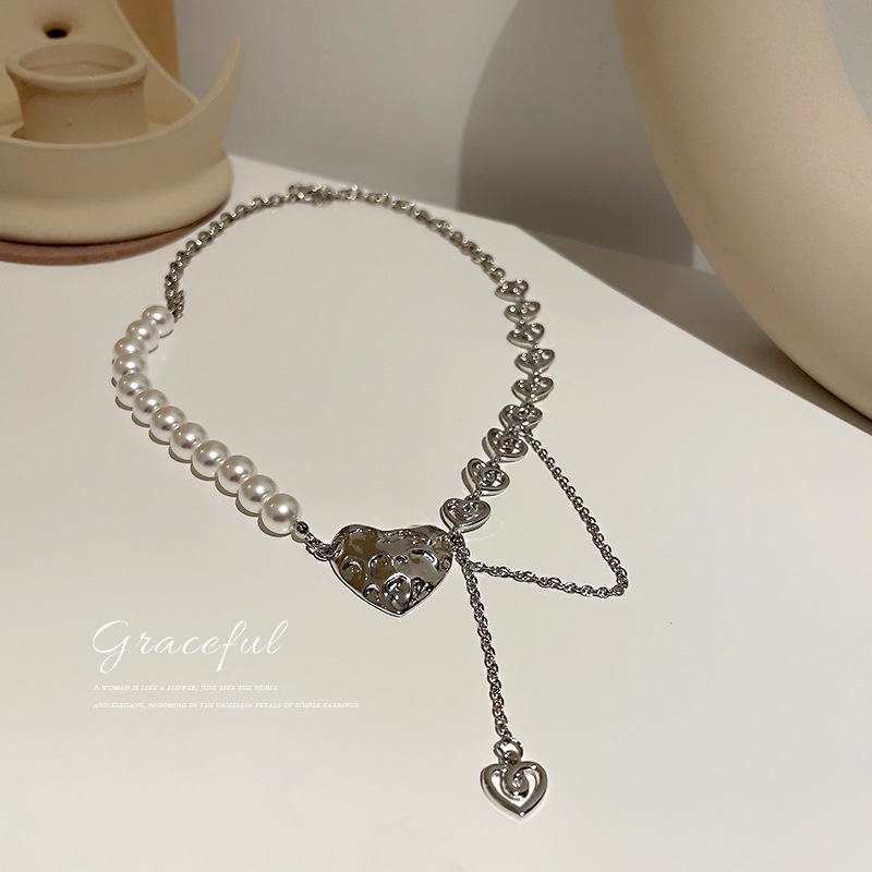 Vòng cổ kim loại mặt trái tim đính ngọc trai thời trang cho nữ