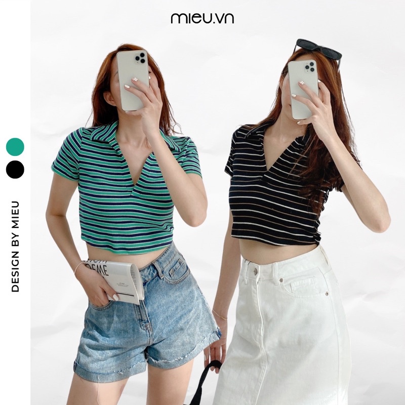 Croptop nữ thiết kế polo cổ V chất thun gân MIEU - JJN14