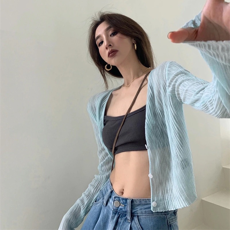 Áo Khoác cardigan Dệt Kim Mỏng Tay Dài Cổ Chữ v Chống Nắng Thời Trang Mùa Hè Cho Nữ