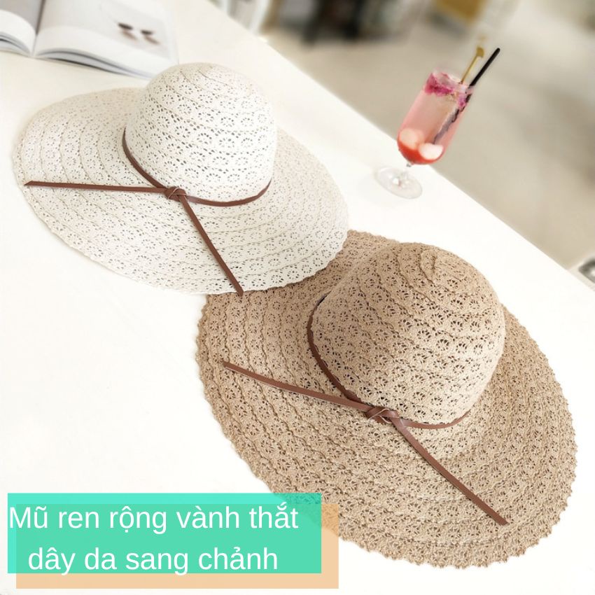 Mũ ren rộng vành thắt dây da sang chảnh