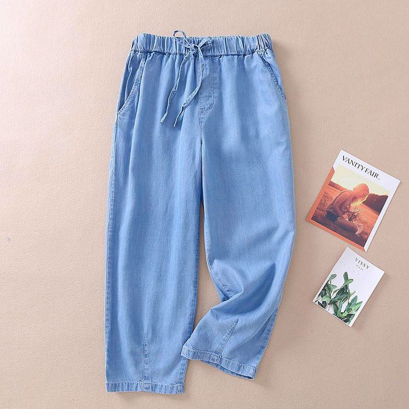 Quần baggy bò giấy - Màu xanh nhạt, chất bò giấy mềm mịn, lưng chun co giãn thoải mái