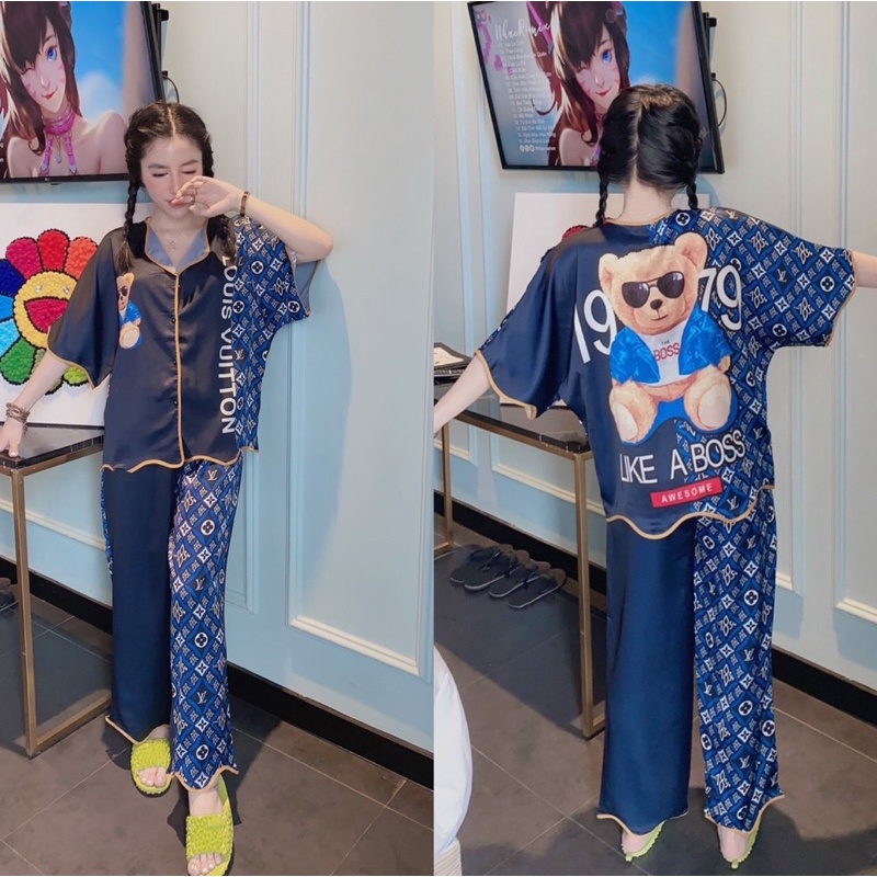 Đồ bộ pijama lượn sóng cao cấp cho nữ - Lụa Satin hàng thiết kế tay ngắn quần dài dưới 65kg sang trọng - bầu bí sau sinh