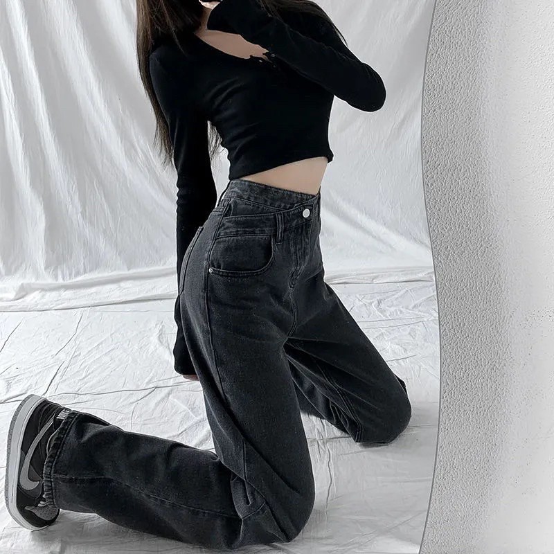 quần jean nữ ống rộng cạp cao dáng suông 1 cúc cạp lệch cá tính , quần bò cullotes unlazang hách dáng Hàn Quốc