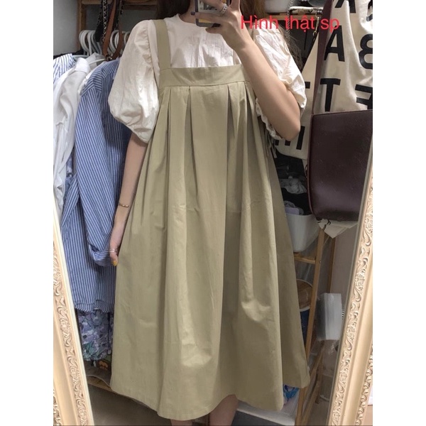 Váy yếm form rộng dáng dài dây bảng to màu nâu tây