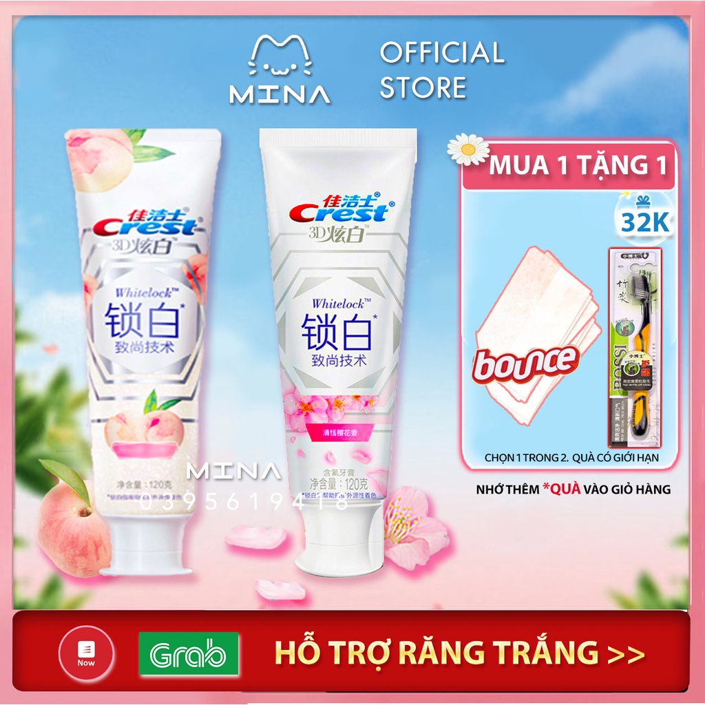 Kem đánh răng Crest Hoa Anh Đào, Quả Đào bản Trung 120g - Giúp răng trắng sáng và hơi thở thơm mát