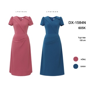 Váy xòe cổ Vest Lyntran tay bồng DX-1584N Váy Cutout diềm bèo nhỏ xếp ly chéo sườn