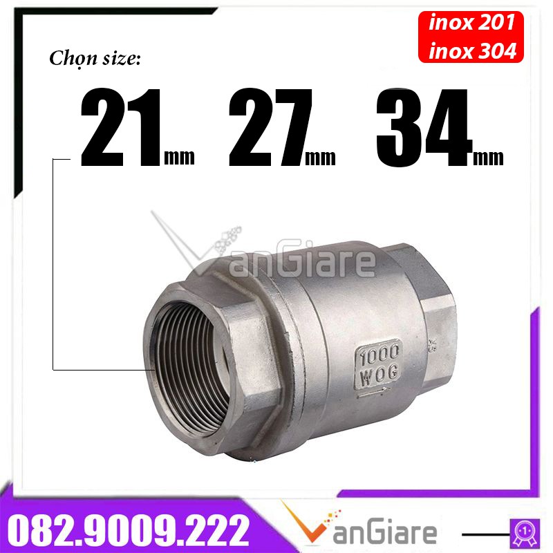 Van 1 chiều lò xo inox Đài Loan, Van nước 1 chiều inox 21 27 34, luppe inox