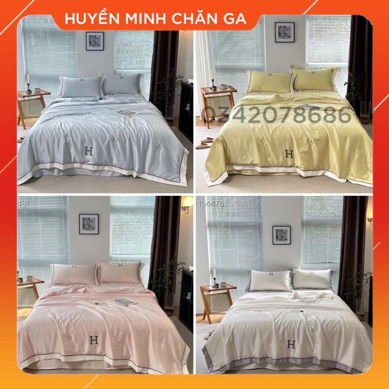 BỘ CHĂN GA GỐI PHI LỤA LẠNH THÊU CHỮ H CHĂN TRẦN BÔNG