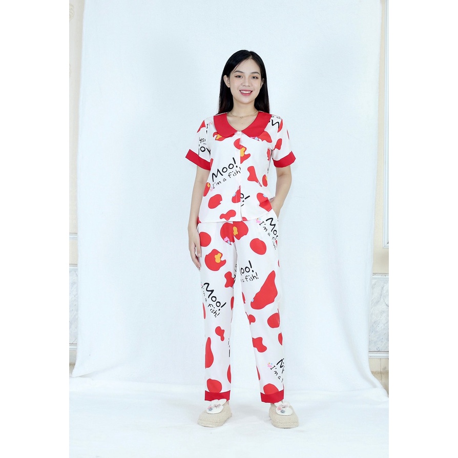 Bộ đồ bộ Pijama quần dài pha cổ sen vải siêu lụa   - Thoải Mái Nhẹ Nhàng co giãn nhẹ