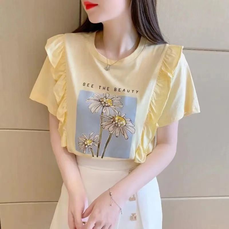 Áo Thun Cotton Tay Ngắn Phối Bèo Màu Trơn Thời Trang