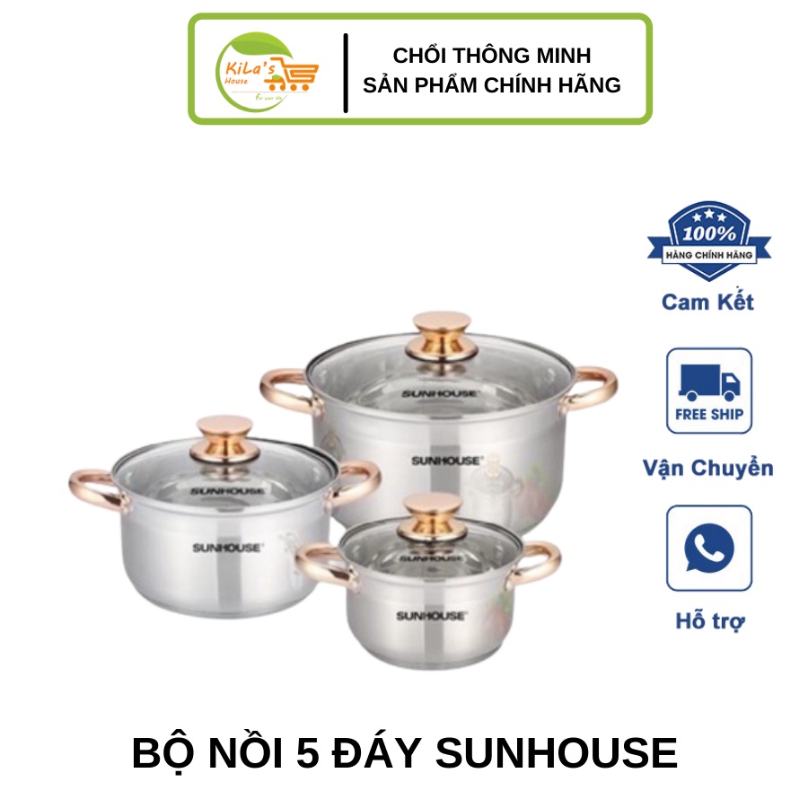 Bộ Nồi 5 Đáy Cao Cấp Sunhouse Dùng Mọi Loại Bếp SH781 - Bộ Nồi Inbox Cao Cấp, Truyền Nhiệt Nhanh, Tỏa Nhiệt Đều