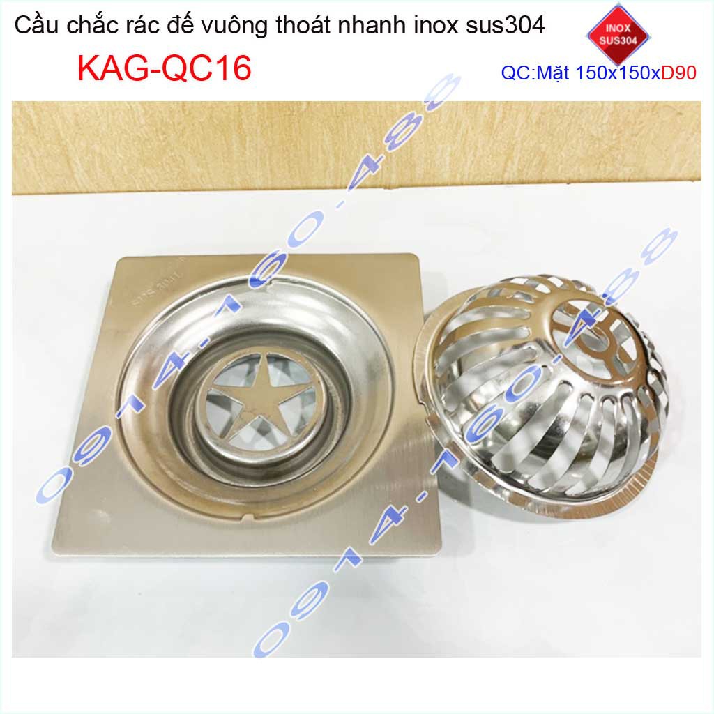 Cầu chắn rác đế vuông 15x15cm D90 KAG-QC16, Phễu thoát nước sân thượng SUS304 ống 9cm thoát nhanh chắn rác tốt