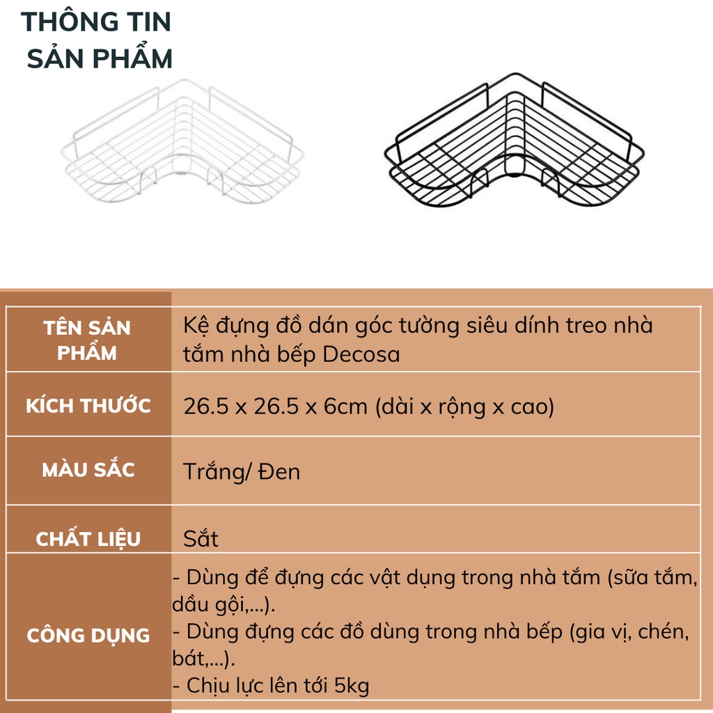 Kệ đựng đồ dán góc tường siêu dính treo nhà tắm nhà bếp Decosa