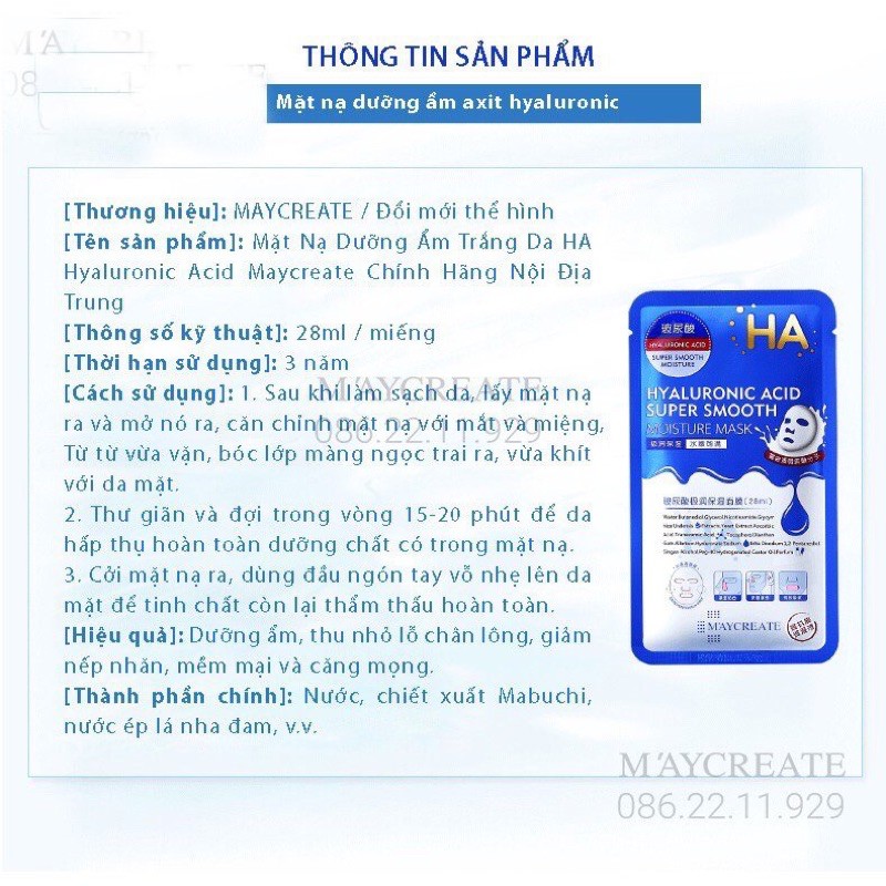 Mặt nạ giấy dưỡng trắng da mụn cấp ẩm thải độc HA Hyaluronic Acid Maycreate | BigBuy360 - bigbuy360.vn