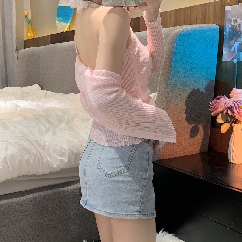 Áo Yếm Hở Lưng Nữ Tính 2 Dây Cotton Len Tăm Ôm Dáng Body Gợi Cảm 0168