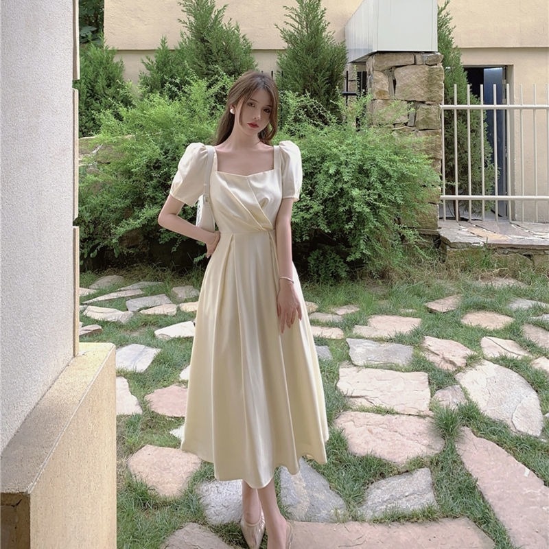 Đầm Trắng Tay Phồng Dáng Dài Kiểu Pháp Thiết Kế Đơn Giản Cho Nữ