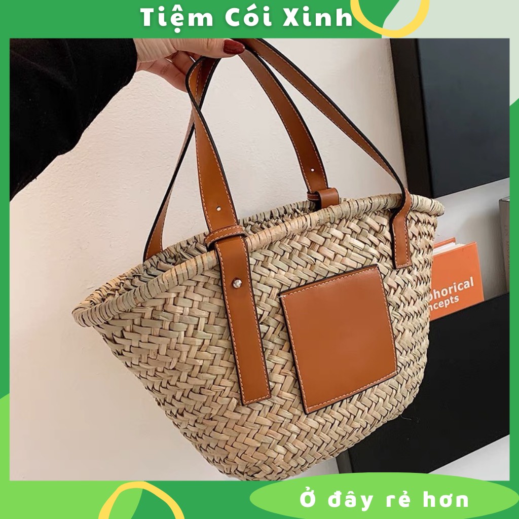 Túi Xách Cói Bucket Đan Lát Quai Da TIỆM CÓI XINH thời trang