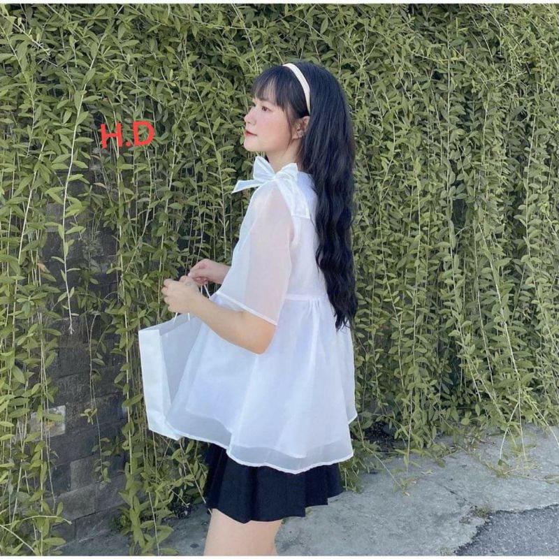 Áo Bbd Voan Tay Cộc Nơ Vai Vải Voan Tơ Đũi 2 Lớp Loại 1❤️Áo Công Chúa Vintage đi chơi, dự tiệc dành cho nữ