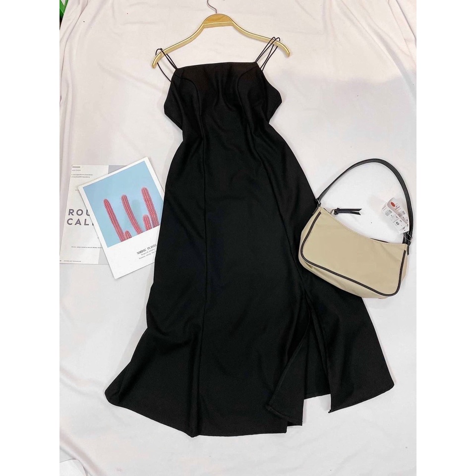 Đầm maxi đen trơn phối 2 dây hở lưng sexy, quyến rũ
