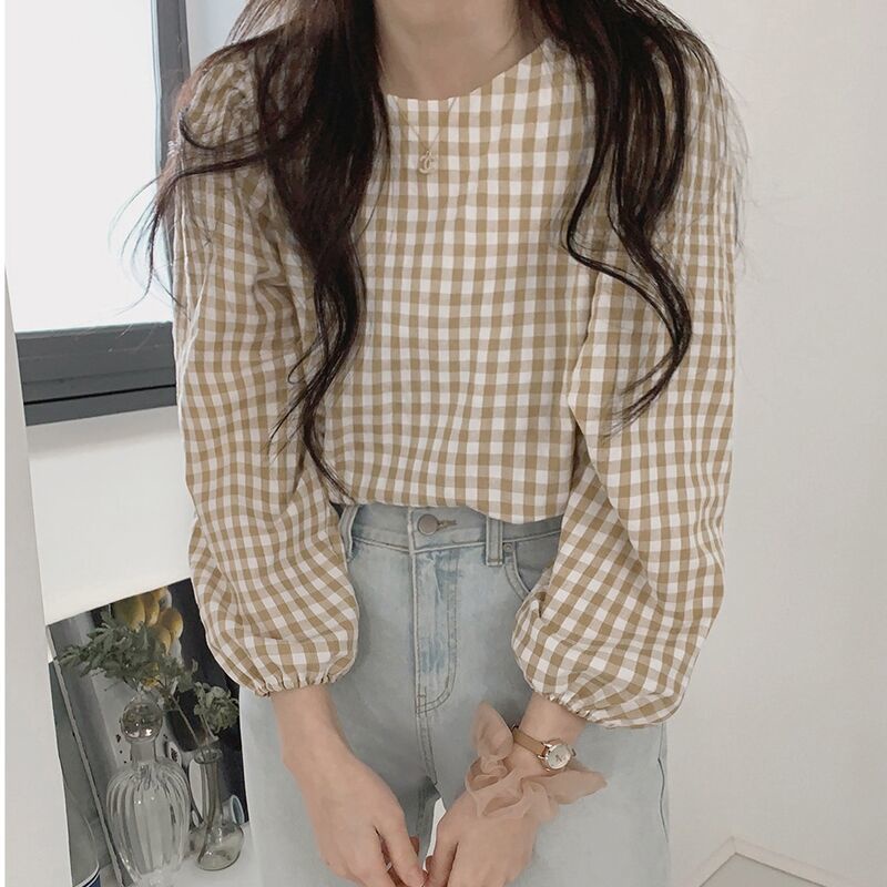 Áo sơ mi nữ thời trang màu be cotton cổ tròn kẻ sọc dài tay mùa xuân và mùa thu năm 2021 mới