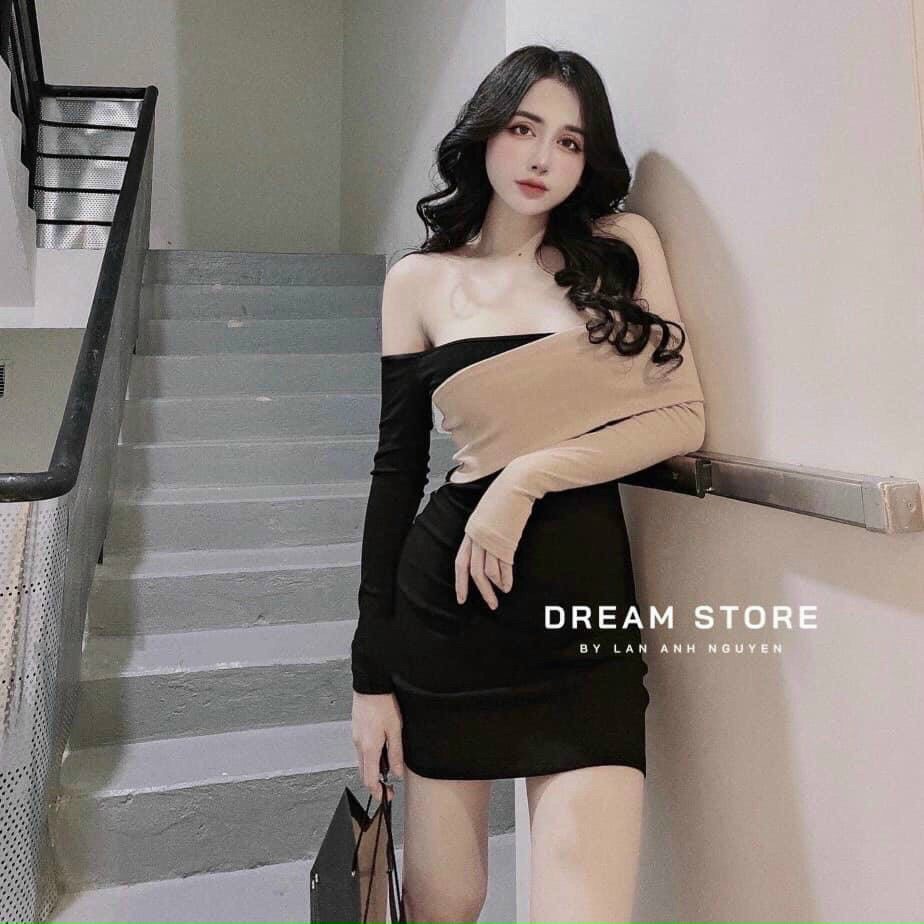 Đầm body hở vai phối ống tay be trông sang chảnh quý phái luôn 2 màu đen và nâu đất cho tình yêu đi tiệc dạo phố nè