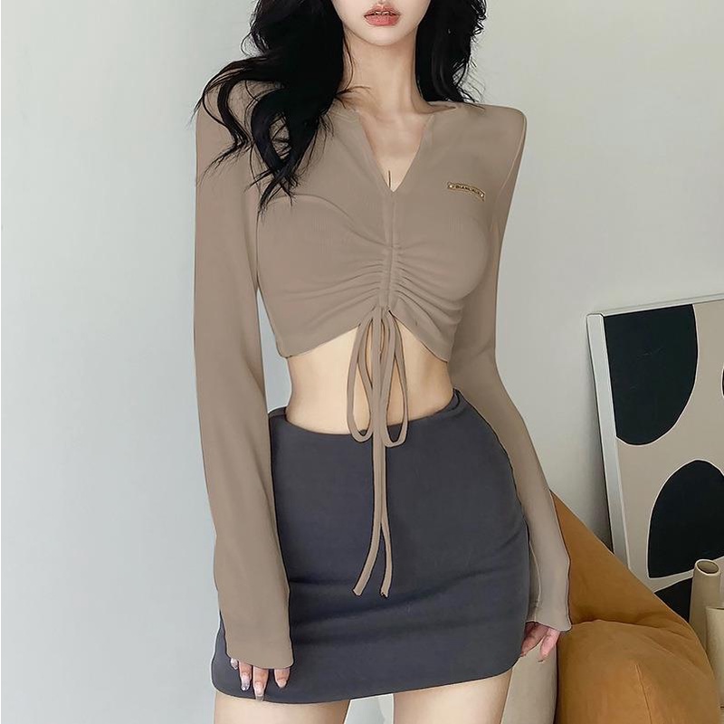 Áo Kiểu Dây Rút Tay Dài Cổ Chữ V In Chữ Thời Trang Cho Nữ