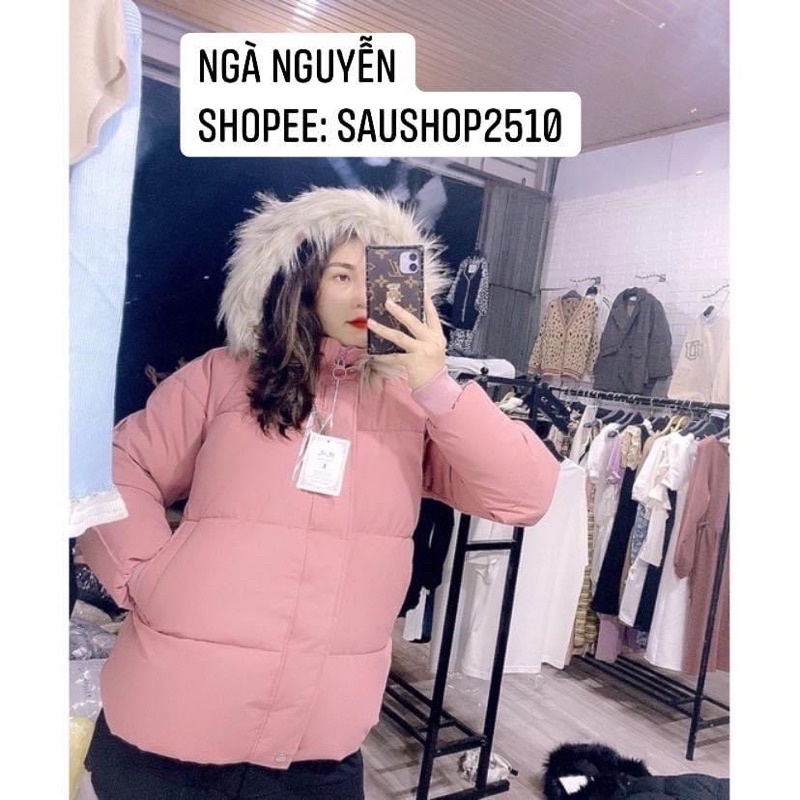 Áo phao gân nữ mũ lông tháo được