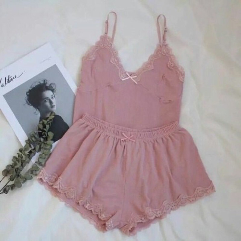 Bộ Ngủ 2 Dây Vải Thun Tăm Viền Ren 2 Mảnh Dáng Chuẩn Sexy Cực Xinh