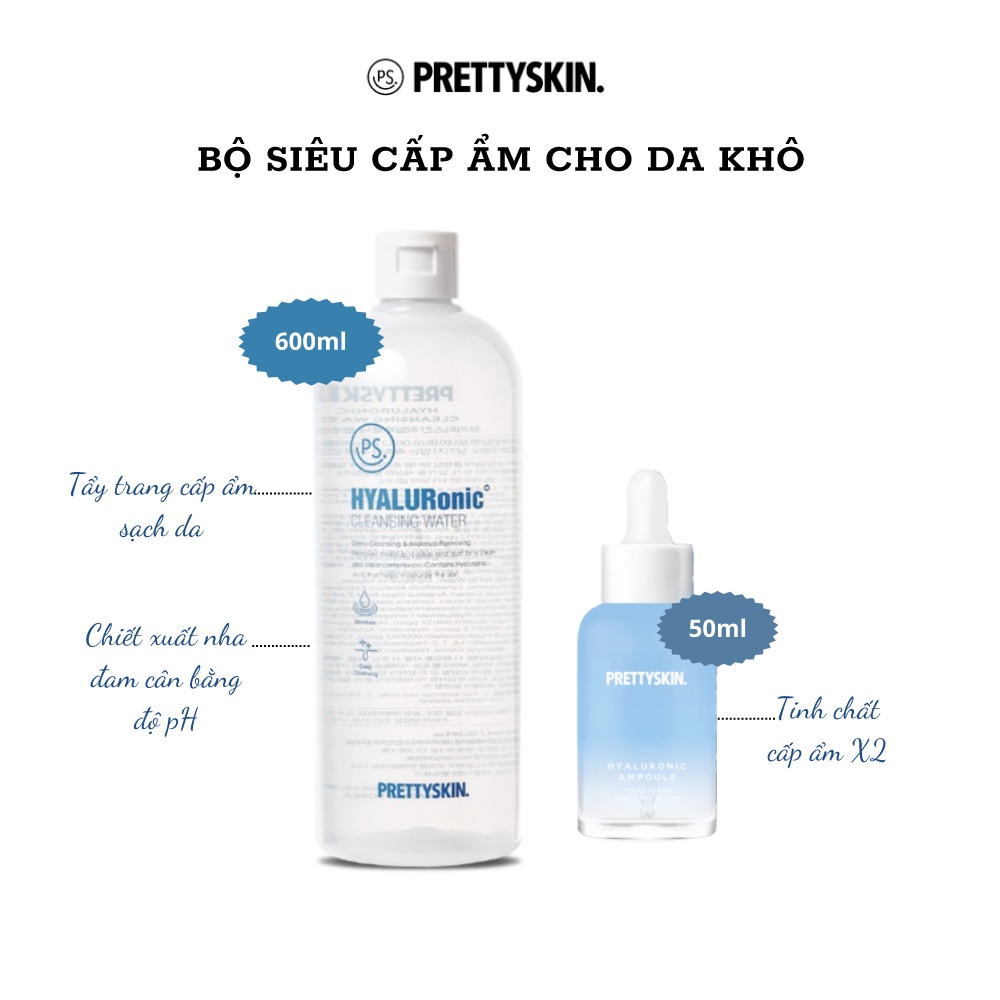 Combo nước tẩy trang & tinh chất dưỡng da PRETTYSKIN. Hyaluronic Hàn Quốc