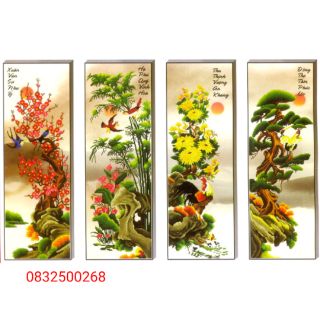 Tranh thêu chữ thập tứ quý tùng cúc trúc đào tuyệt đẹp kt 127*78cm(kèm hình thật)