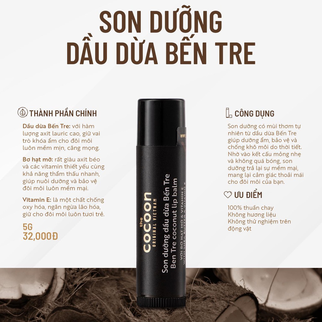 [Mã FMCGMALL -8% đơn 250K] Son Dưỡng Dầu Dừa Bến Tre Cocoon 5g