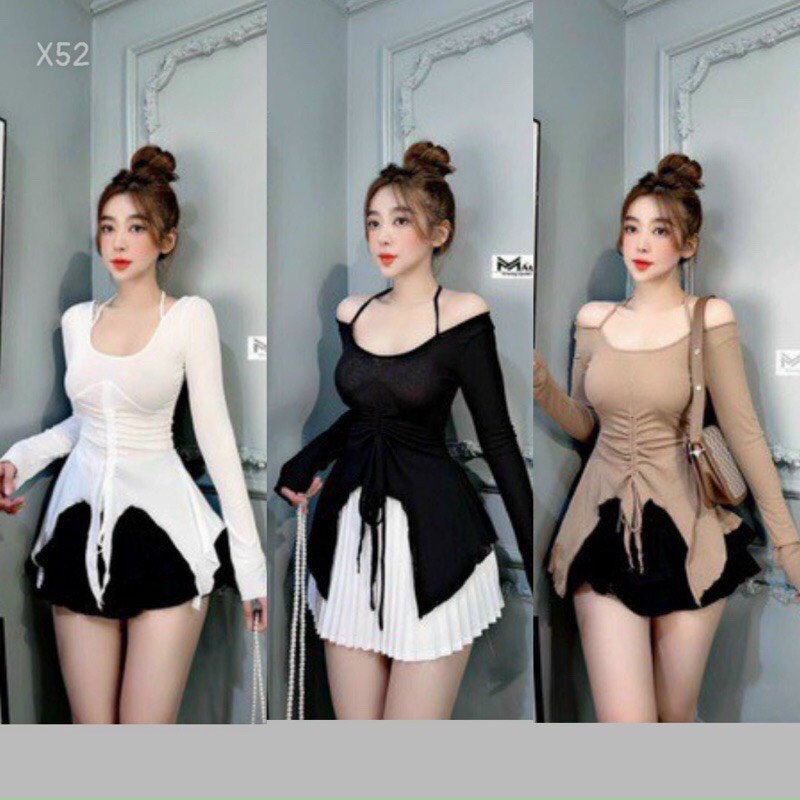 áo kiểu nữ tay dài phối dây ôm body vải thun gân cực sang chảnh phong cách hàn quốc mẫu mới 2022- mã A119