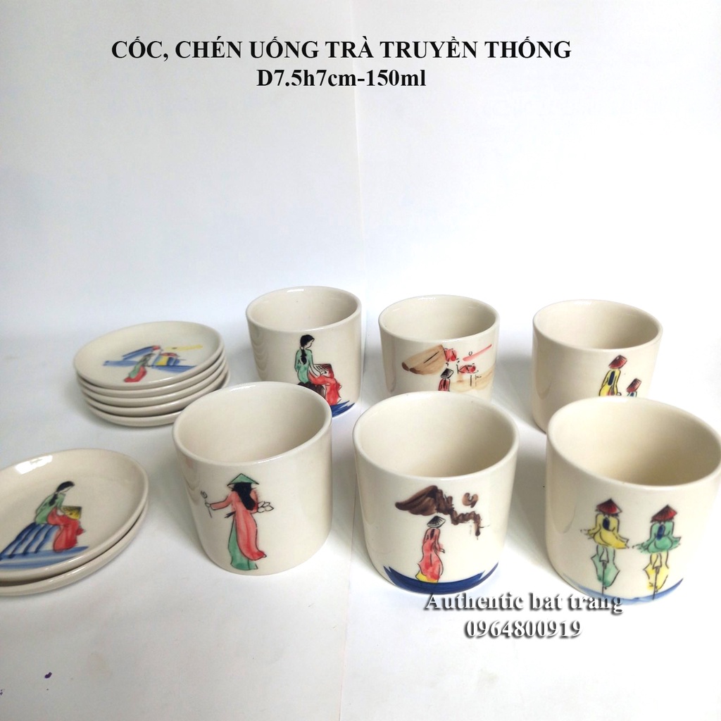 "SIÊU HOT" Cốc, chén uống trà truyền thống D7.5H7cm Họa tiết CÔ GÁI ÁO DÀI - Vẽ thủ công - gốm sứ Authentic Bát tràng