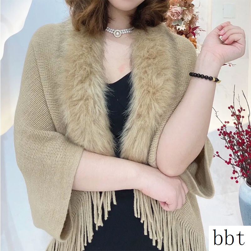 Áo Choàng Dệt Kim Phối Lông Thú Ấm Áp Thời Trang Thu Đông Cho Nữ
