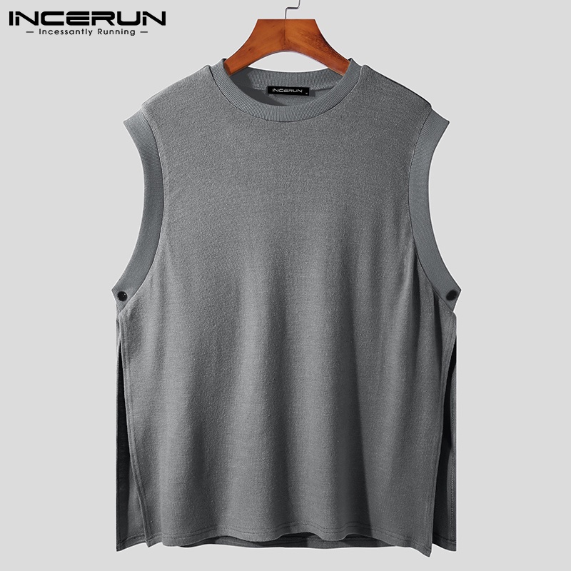 Áo Sweater INCERUN cổ tròn không tay thời trang xuân thu xẻ tà hai bên thời trang dành cho nam