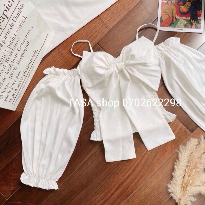 0B2-Áo croptop 2 dây trễ vai tay phồng nơ to trước ngực màu trắng, áo chạy mocking
