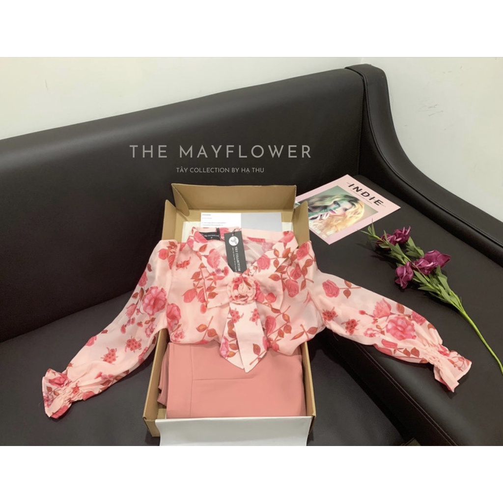 Sơ mi tơ hoa phối nơ ngực cao cấp Tây Collection