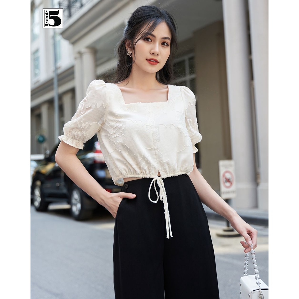 Áo sơ mi kiểu nữ dáng lửng dây thắt eo vân hoa nổi Twentyfive TA25
