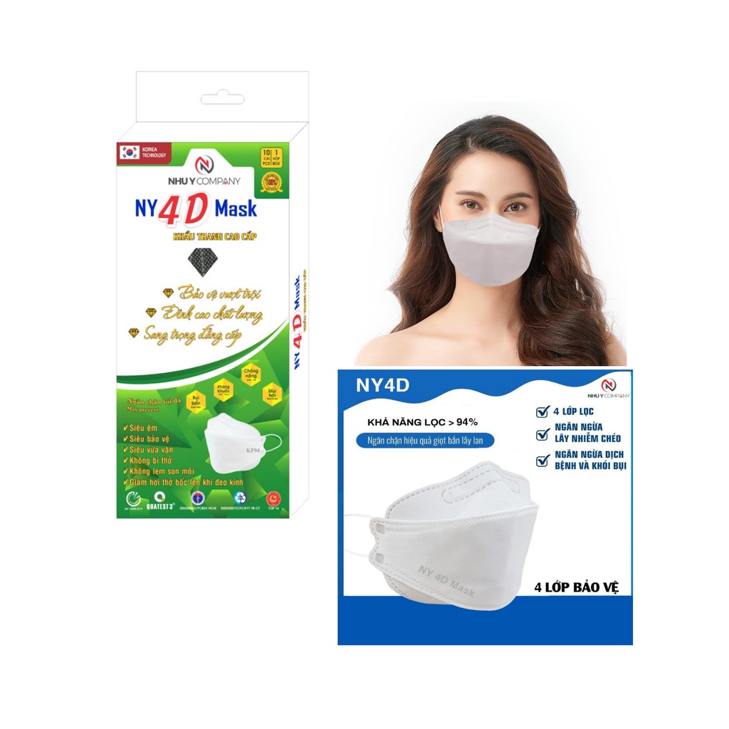 HỘP 10 CÁI KHẨU TRANG NY 4D Mask KF94 Ngăn Bụi Kháng khuẩn Chống nắng Bảo vệ sức khỏe Sản xuất từ Cty Như Ý