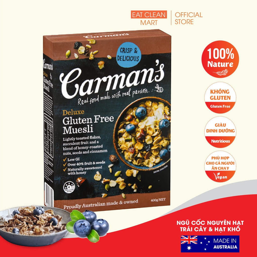 Ngũ Cốc Giảm Cân Carman's Nguyên Hạt Ăn Kiêng Trái Cây và Hạt Khô Cao Cấp - Deluxe Gluten Free Muesli - Hộp 400g