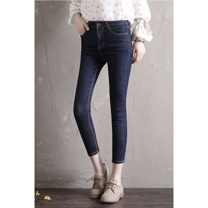 Quần jean nữ BIGSIZE dài 9 tấc trơn truyền thống màu xanh muối tiêu lưng cao, co dãn mạnh, dành cho người béo 3755