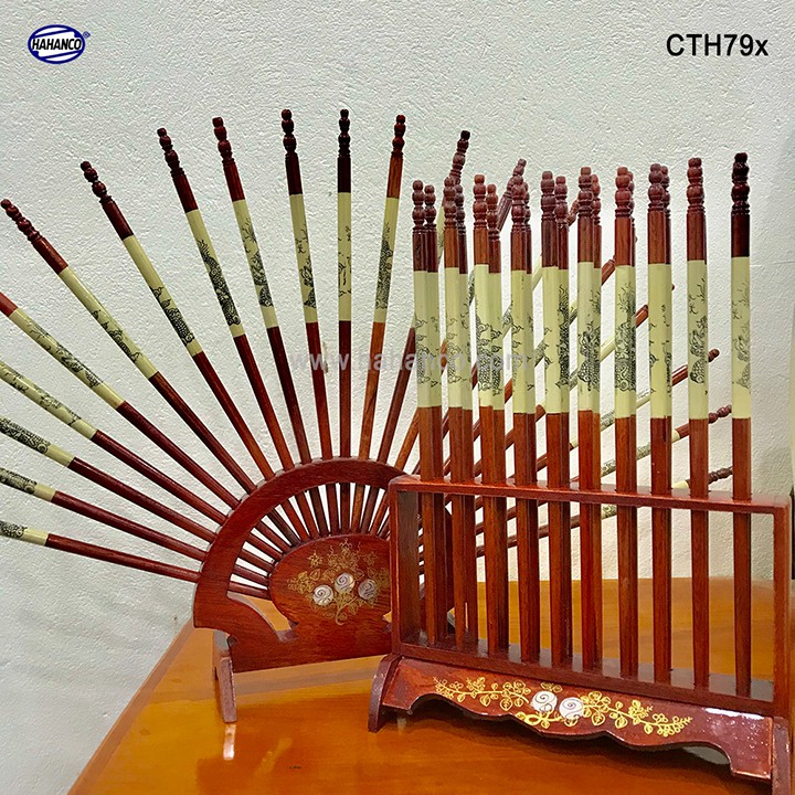 Bộ Đũa Thờ HAHANCO 10 Đôi + Giá Đũa Hoa Văn PHONG THỦY GỖ HƯƠNG Loại 1
