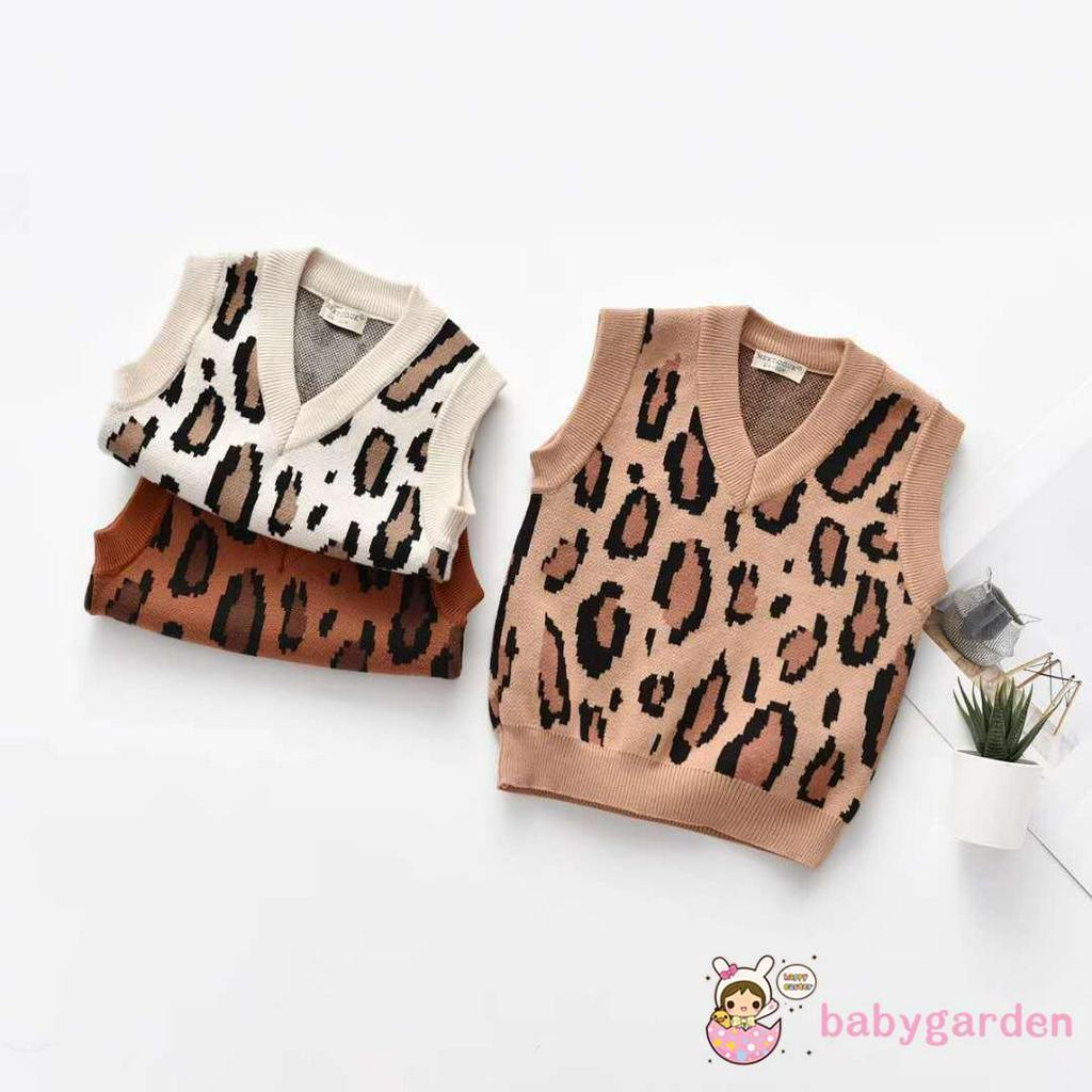 Áo Khoác Len Không Tay Cổ Chữ V Họa Tiết Da Báo Cho Bé Trai
