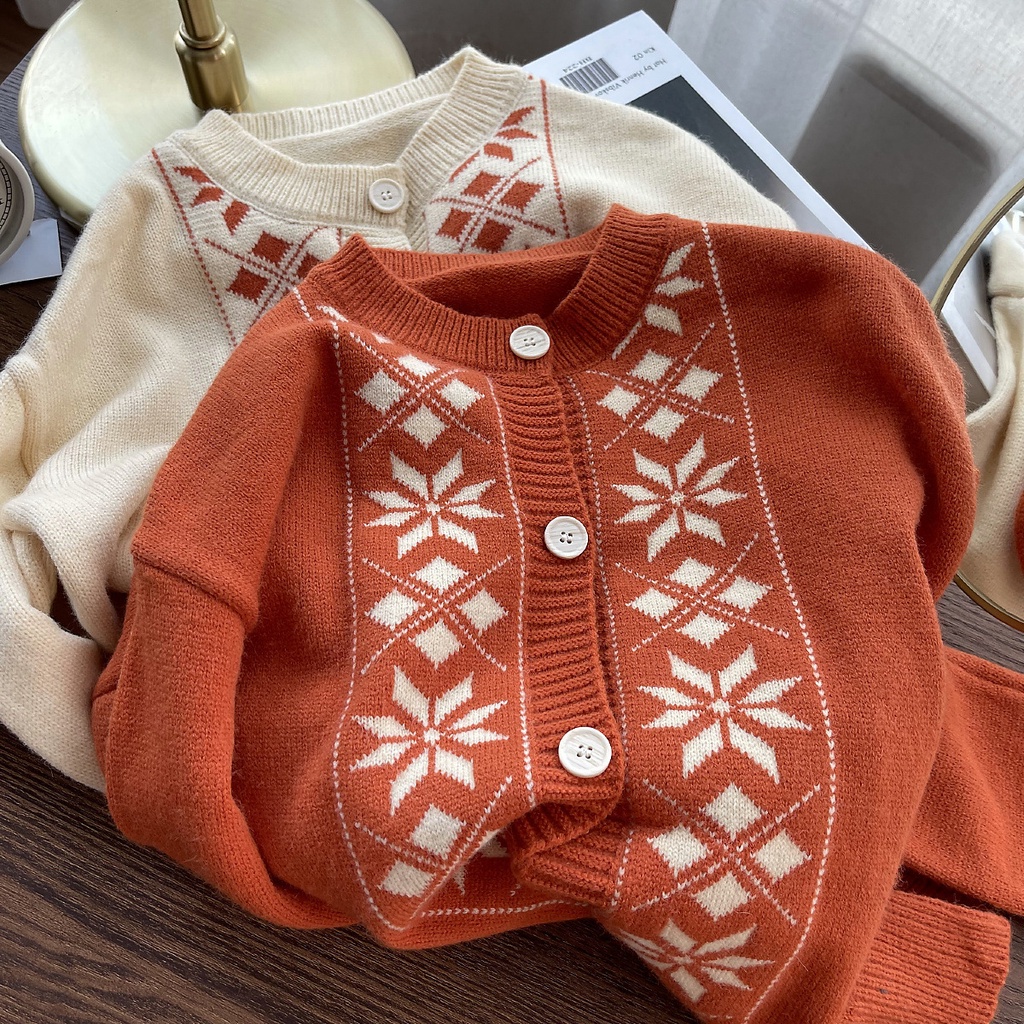 Áo khoác dệt kim tay dài họa tiết lá phong thiết kế mới thời trang dành cho mùa thu