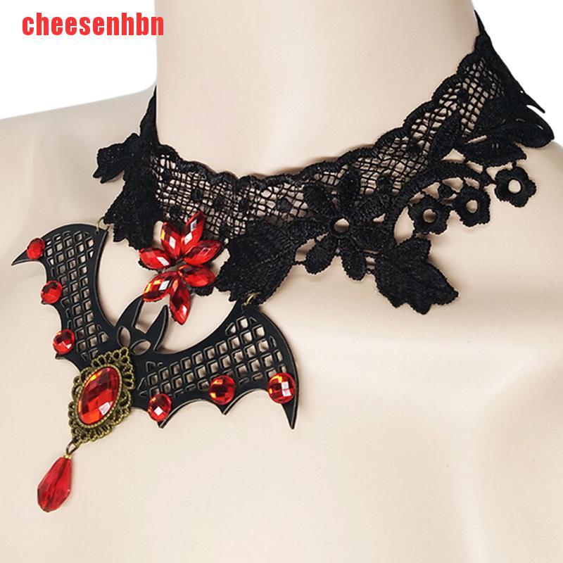 [cheesenhbn]Steampunk Lace Bat Choker Crystal Beads Collar Pendant Necklace Gothic Jewelry