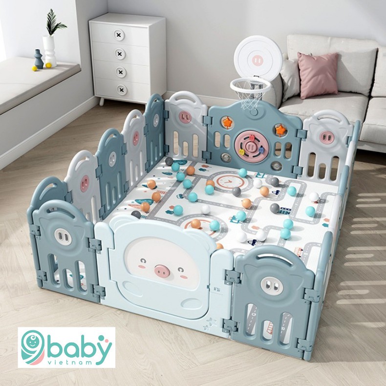 Bộ quây cũi nhựa  9BABY cho bé hình heo - MÀU XANH