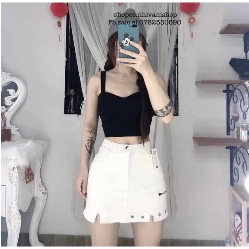 Áo hai dây croptop bản to, áo bra cúp ngực thun co giãn đi biển phối áo vest quyến rũ