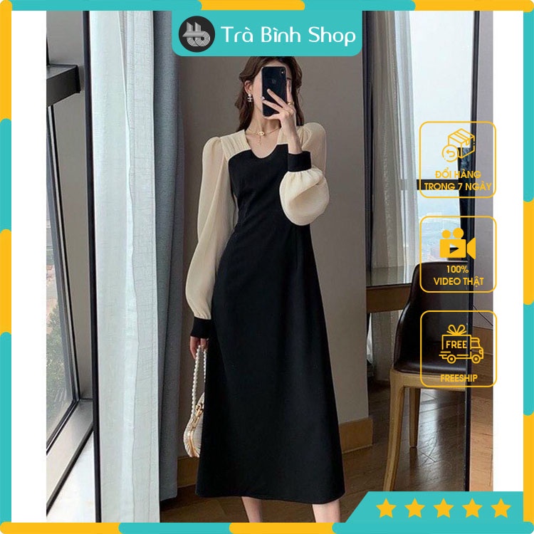 Váy umi cổ khuyết tay bồng đen phối trắng Đầm suông dáng dài thanh lịch