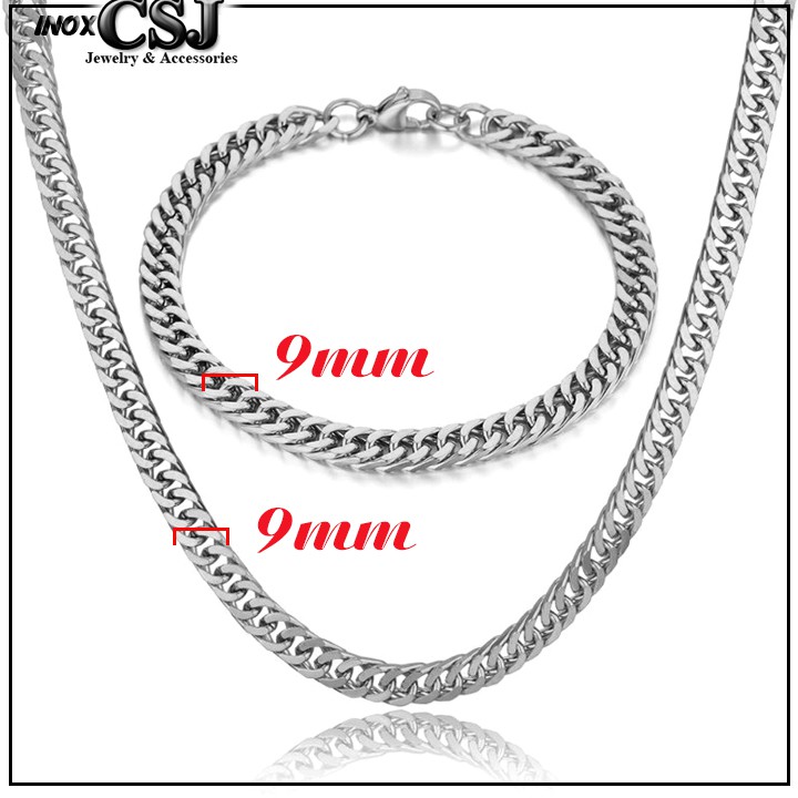 Combo dây chuyền và lắc tay inox kiểu lặc đôi 9mm đẹp, không đen, hợp thời trang thể hiện đẳng cấp phái mạnh